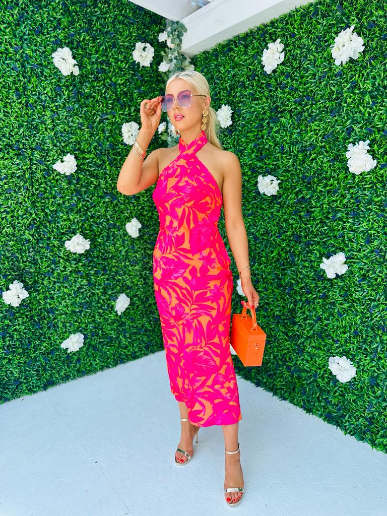 Lexi Tie Neck Dress Floral Orange & Fuchsia