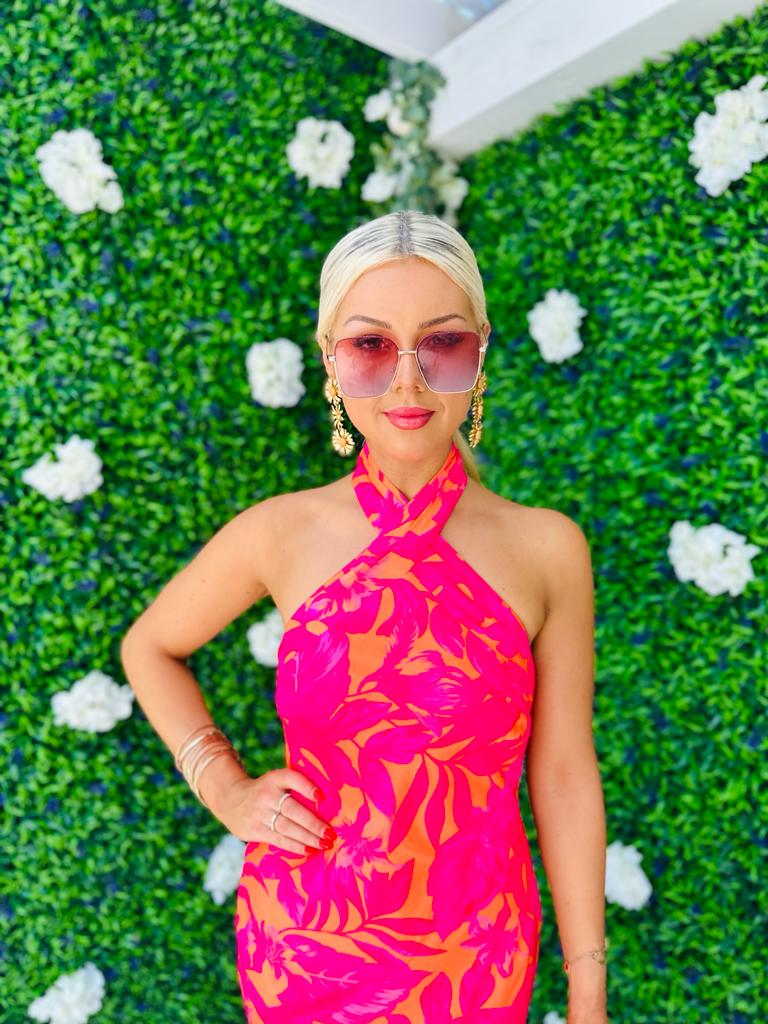 Lexi Tie Neck Dress Floral Orange & Fuchsia