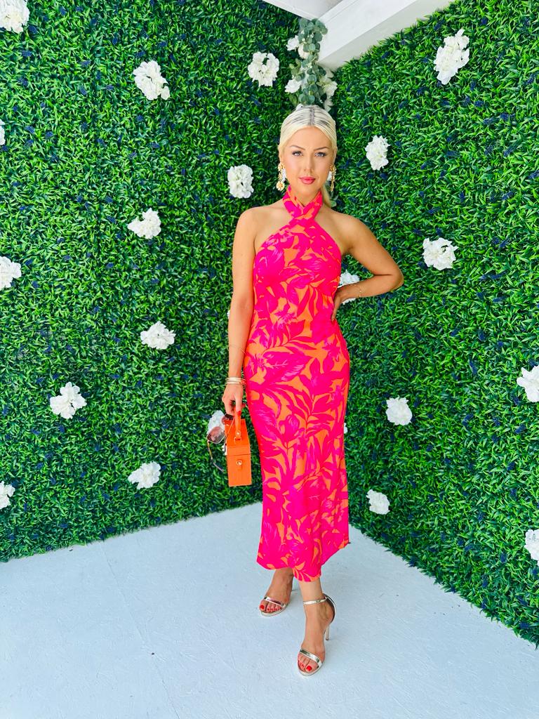Lexi Tie Neck Dress Floral Orange & Fuchsia