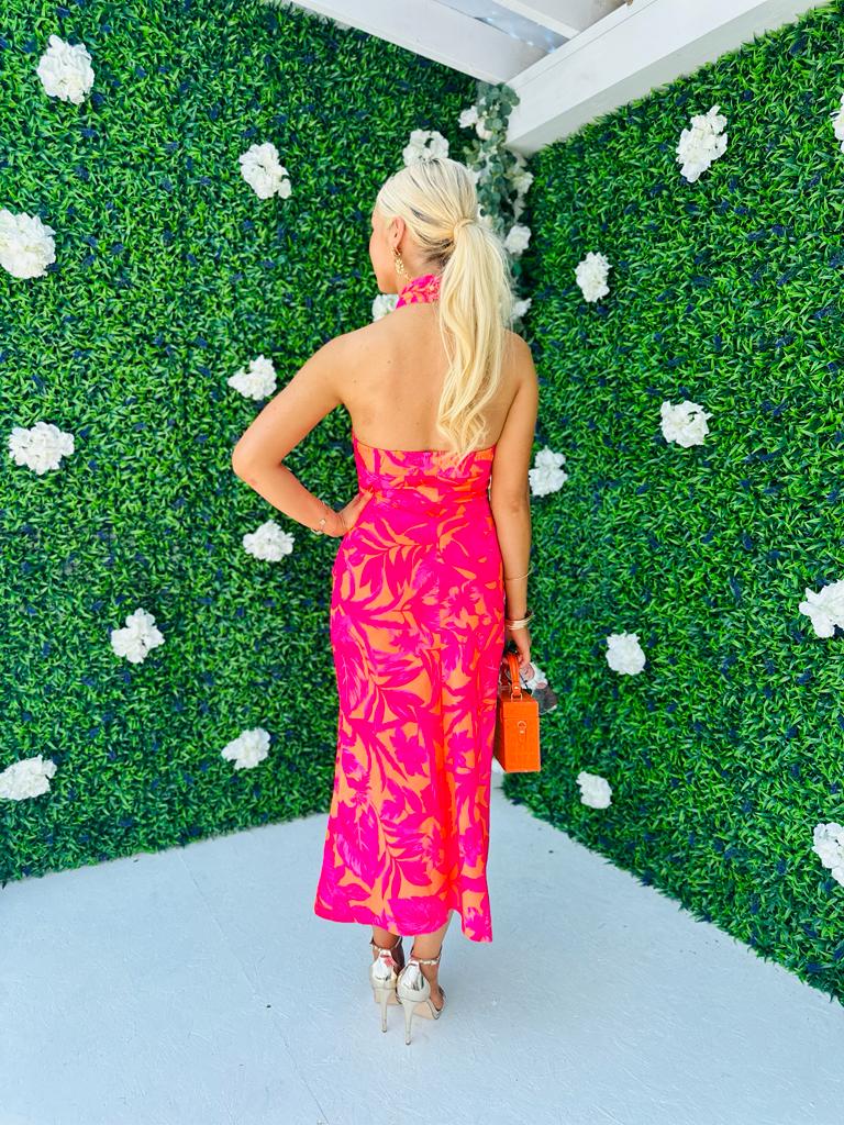 Lexi Tie Neck Dress Floral Orange & Fuchsia