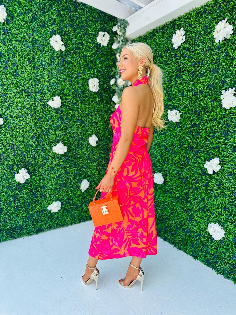 Lexi Tie Neck Dress Floral Orange & Fuchsia