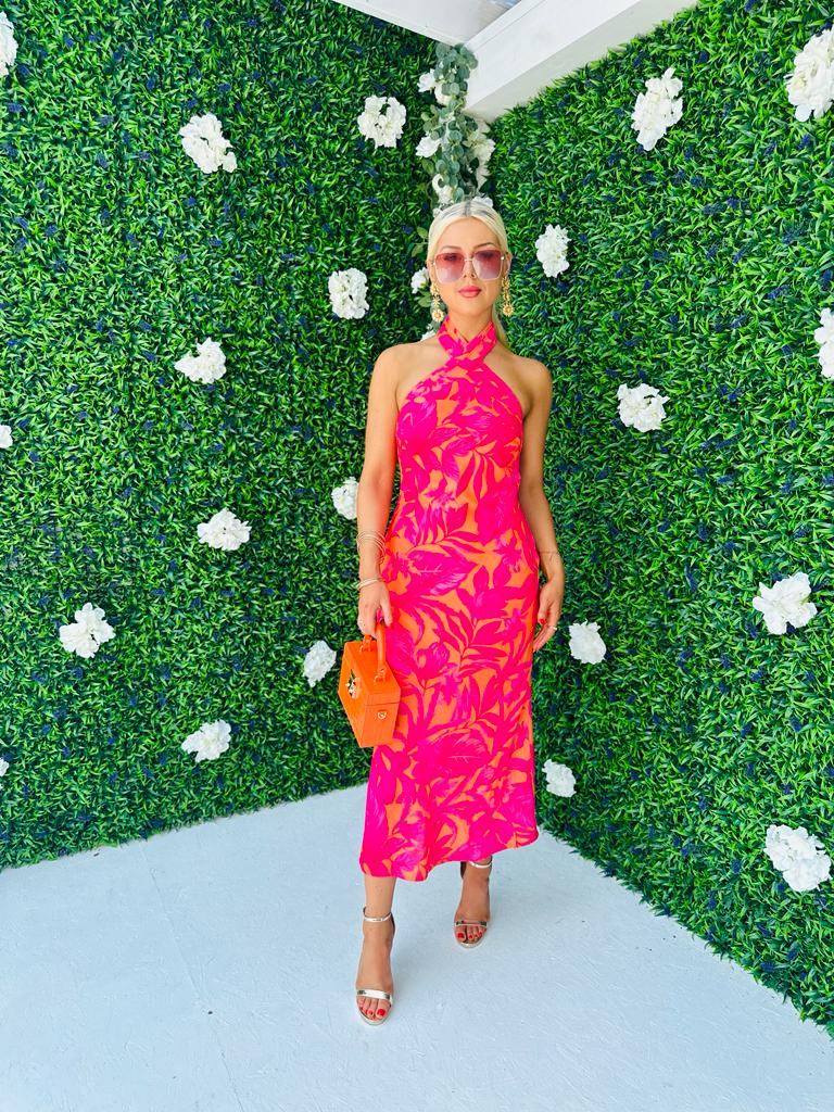 Lexi Tie Neck Dress Floral Orange & Fuchsia
