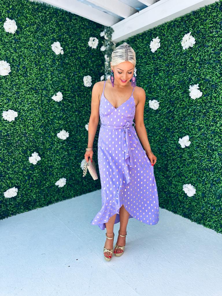 Isadora Cami Frill Detail Maxi Dress Gold & Lilac