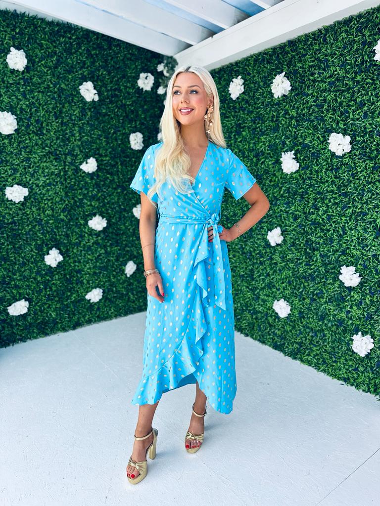 Farrah Split Hem Frill Detail Maxi Dress Blue with Gold Foil