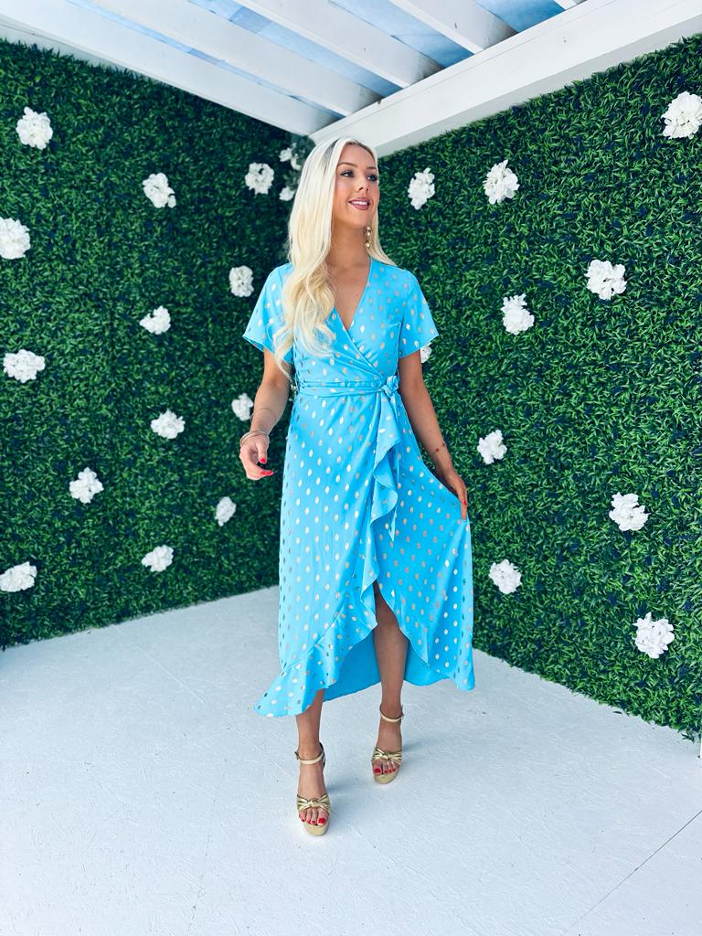 Farrah Split Hem Frill Detail Maxi Dress Blue with Gold Foil