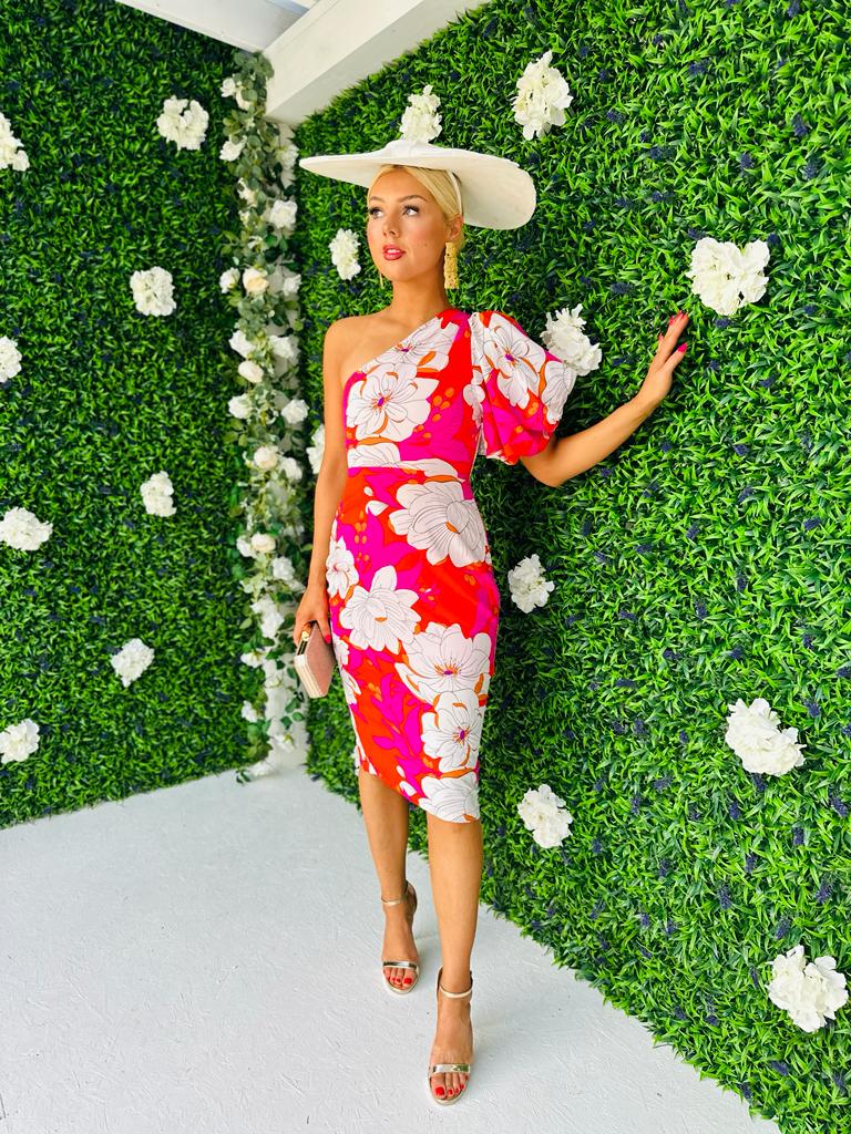 Willow One Shoulder Midi Dress Floral Red / Pink