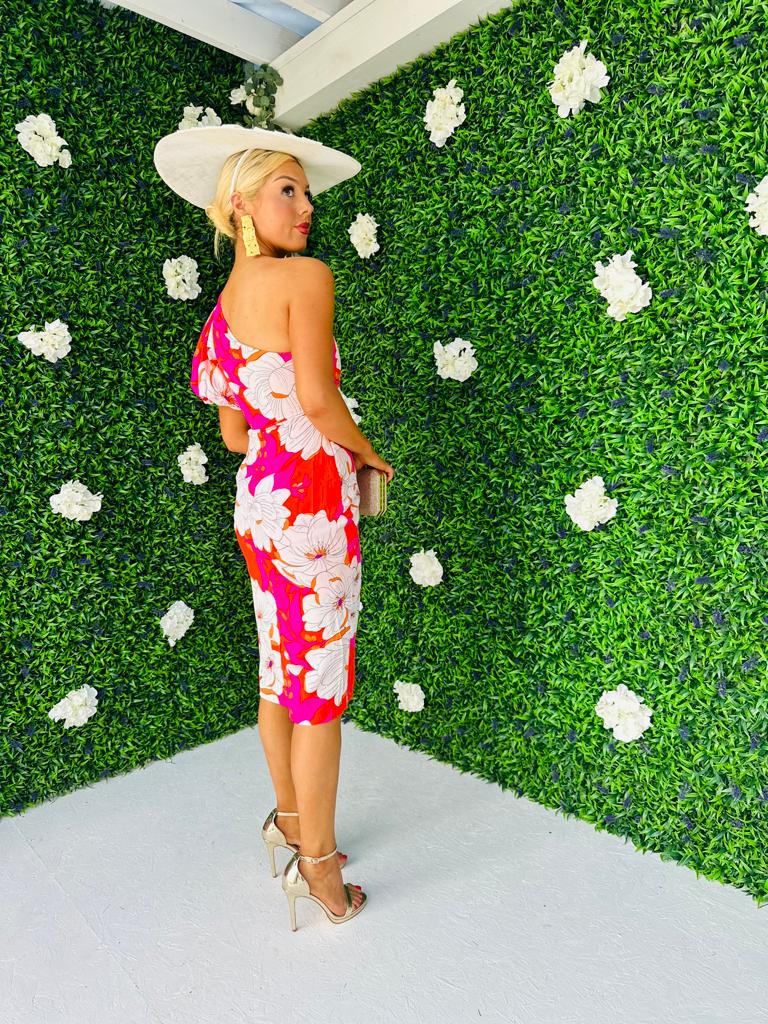 Willow One Shoulder Midi Dress Floral Red / Pink