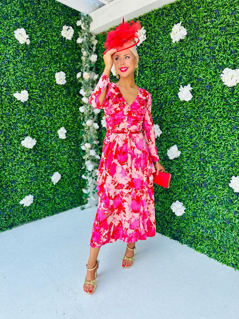 Petra V Neck Long Sleeves Ruffle Midi Dress