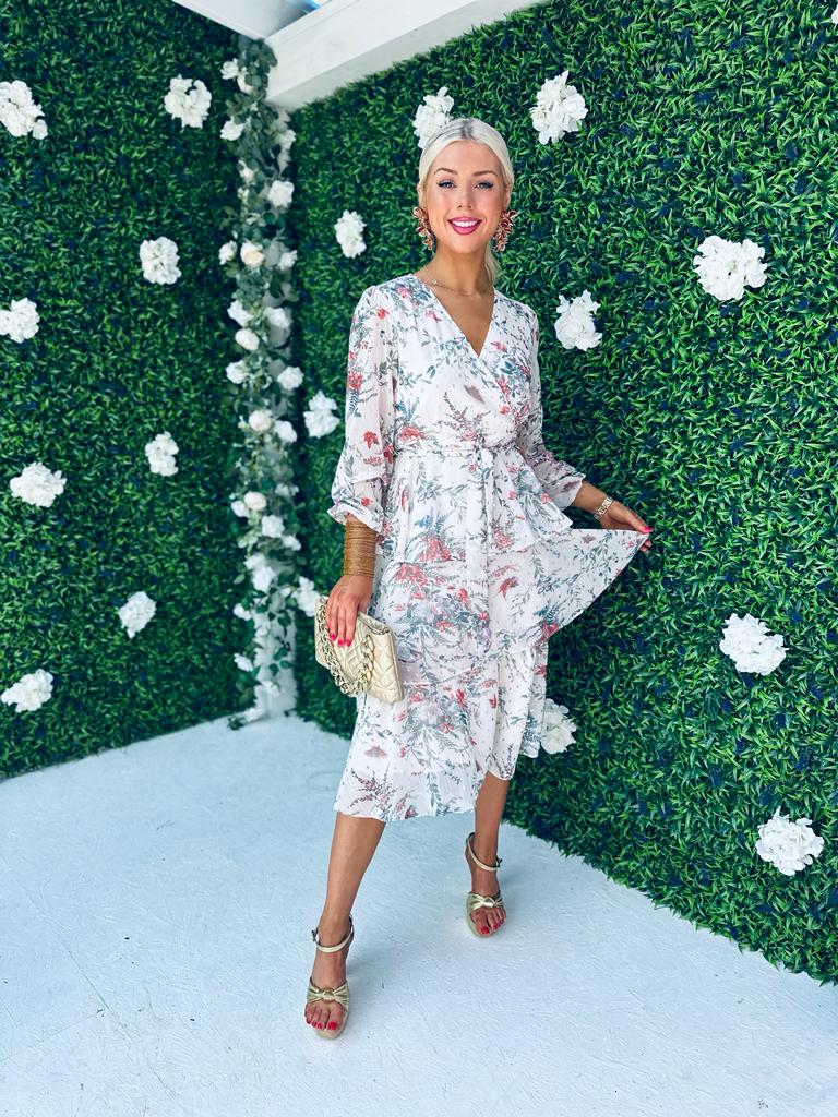 Frankee Floral Print Tiered Long Sleeve Midi Dress