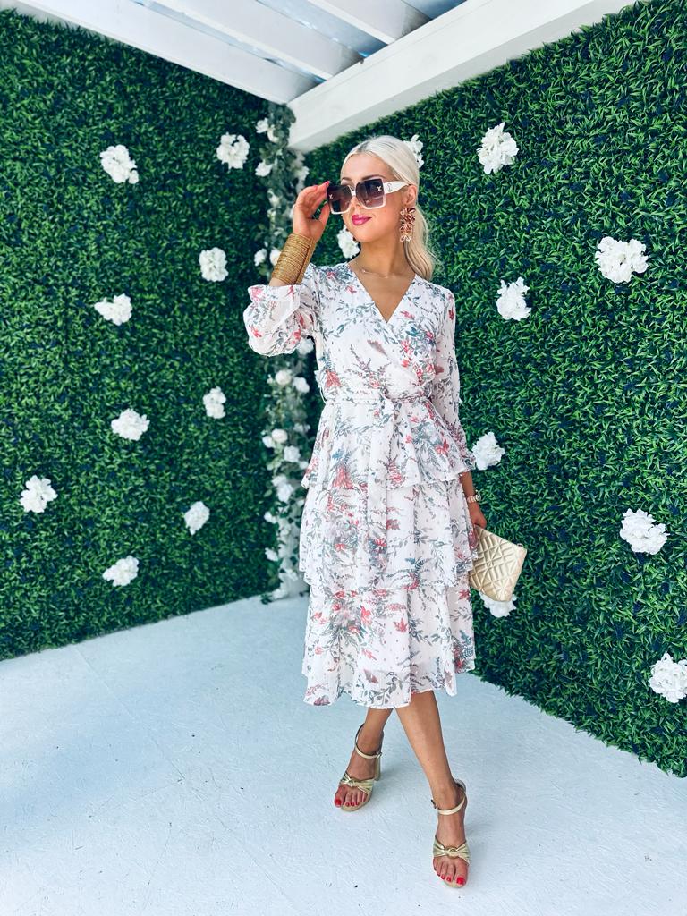 Frankee Floral Print Tiered Long Sleeve Midi Dress