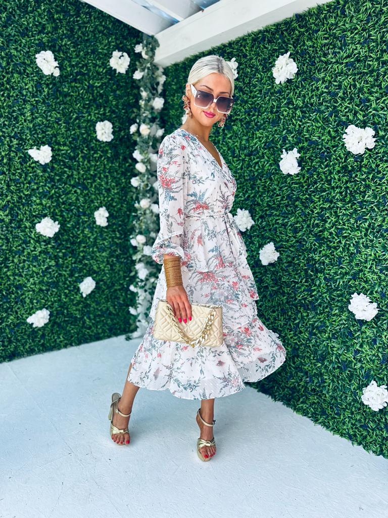 Frankee Floral Print Tiered Long Sleeve Midi Dress