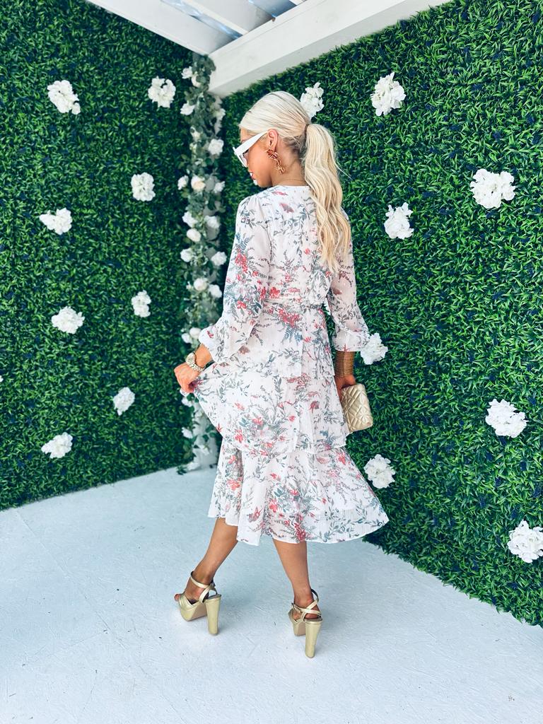 Frankee Floral Print Tiered Long Sleeve Midi Dress