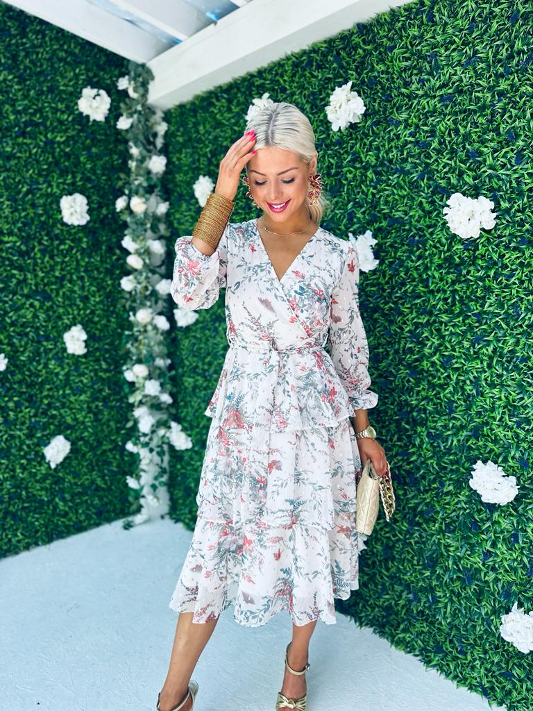 Frankee Floral Print Tiered Long Sleeve Midi Dress