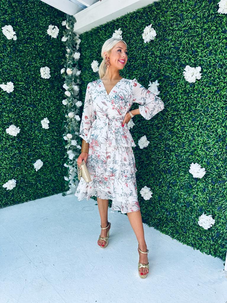 Frankee Floral Print Tiered Long Sleeve Midi Dress