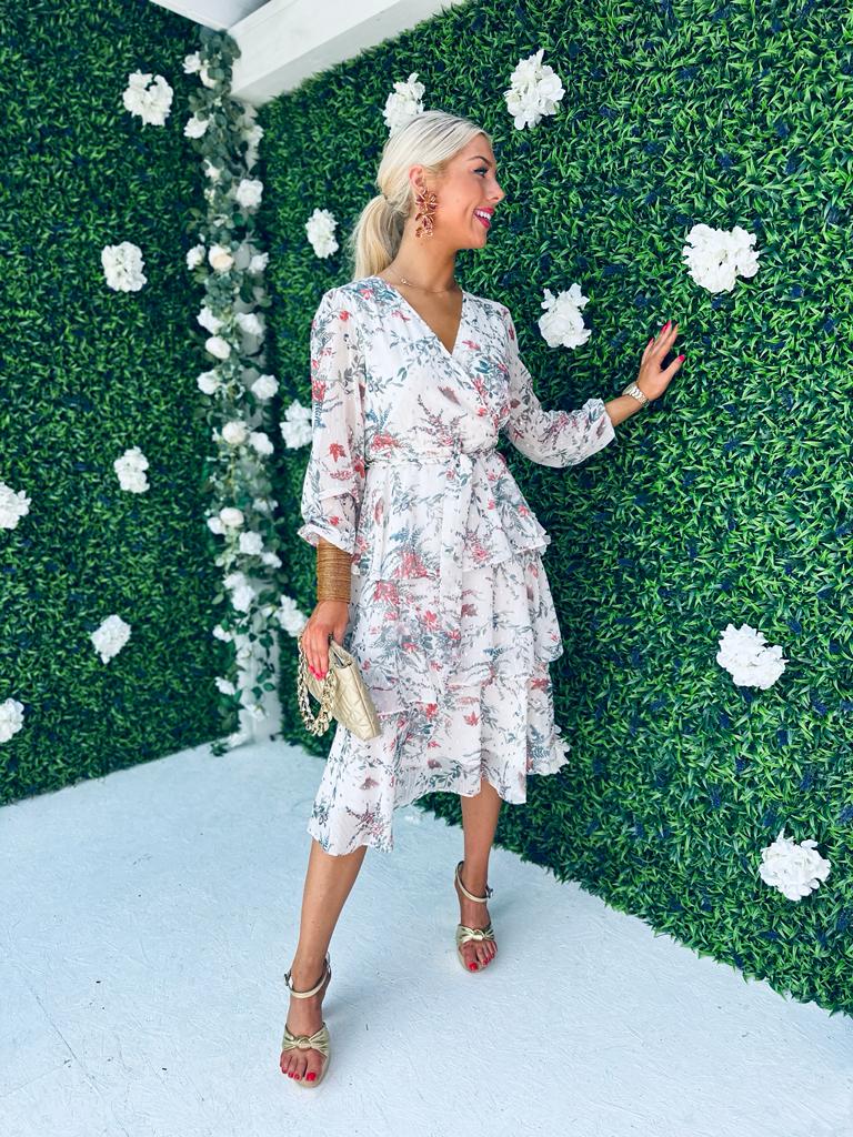 Frankee Floral Print Tiered Long Sleeve Midi Dress