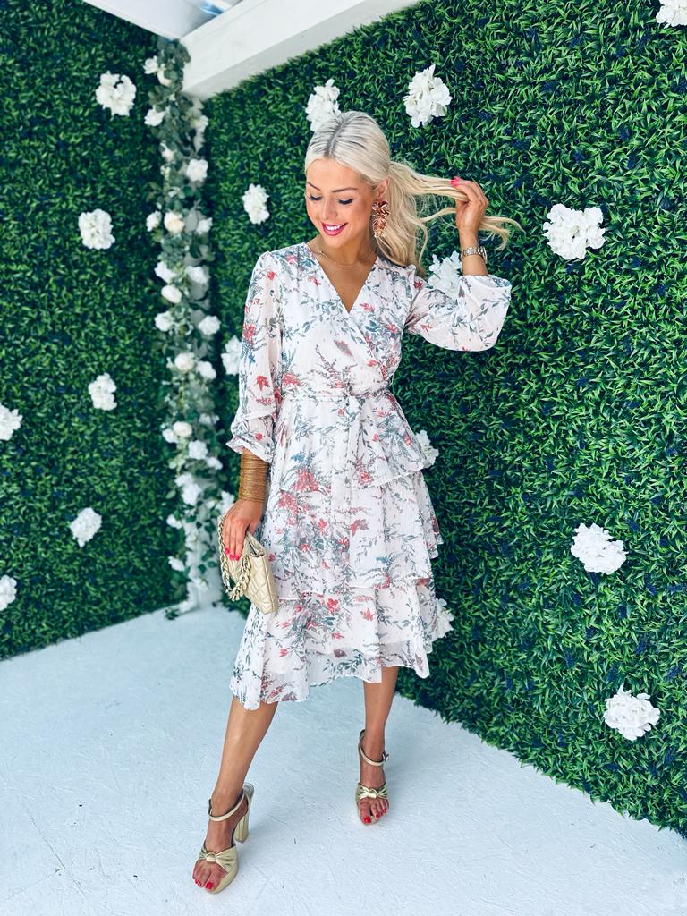 Frankee Floral Print Tiered Long Sleeve Midi Dress