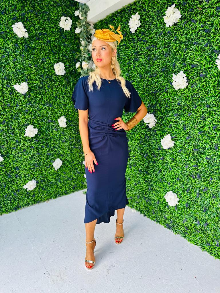 Cleo Ruched Detail Midi Dress Navy