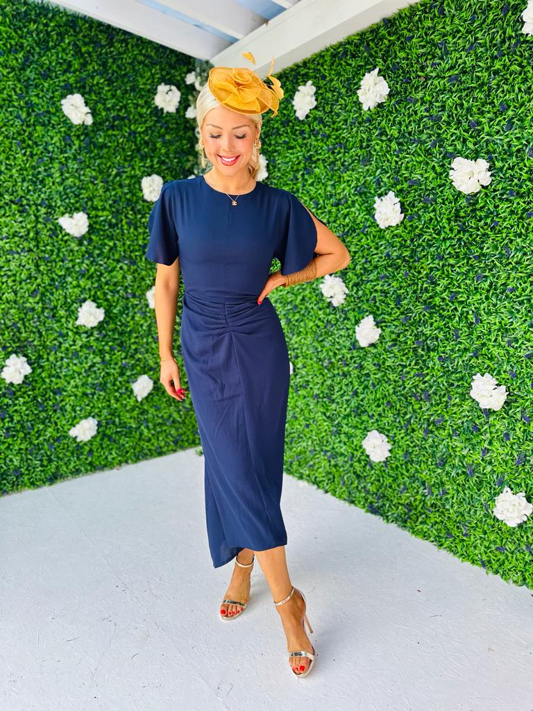 Cleo Ruched Detail Midi Dress Navy