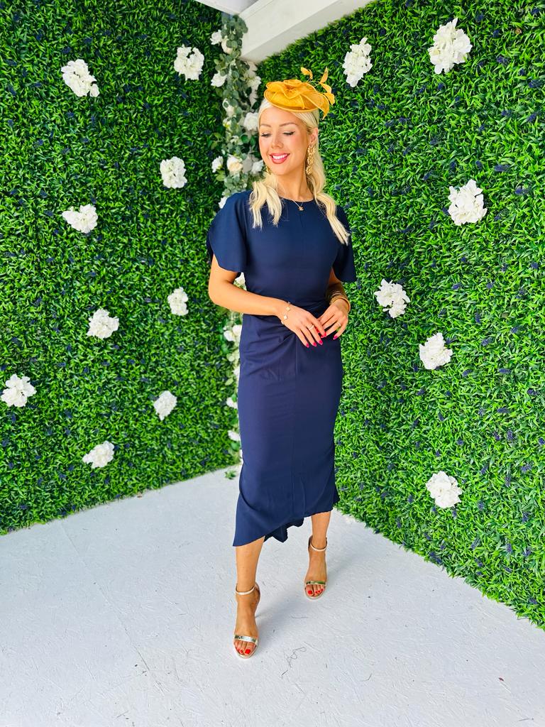 Cleo Ruched Detail Midi Dress Navy