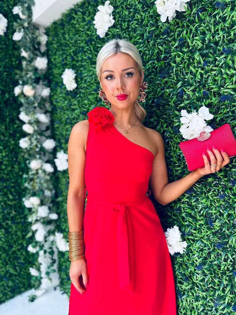 Whitney Red One Shoulder Corsage Midi Dress