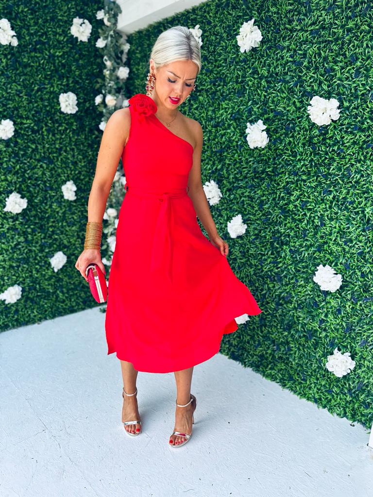 Whitney Red One Shoulder Corsage Midi Dress