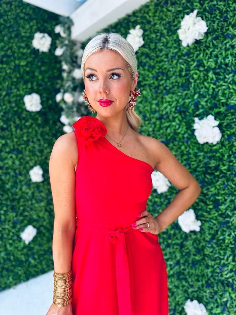 Whitney Red One Shoulder Corsage Midi Dress
