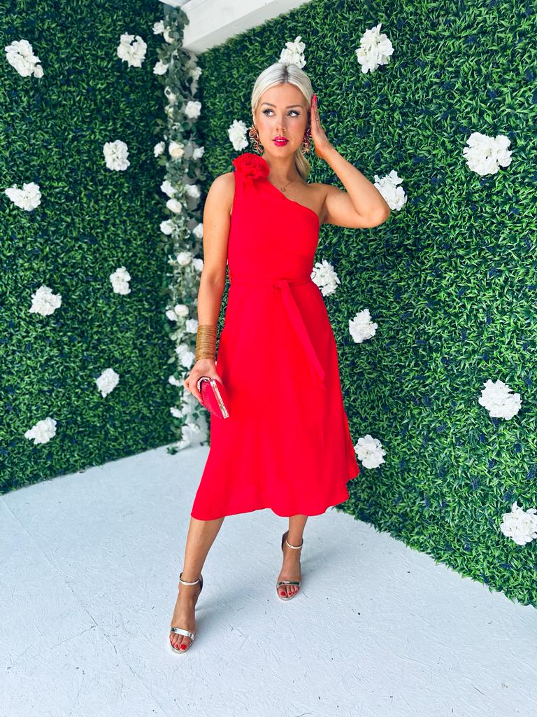 Whitney Red One Shoulder Corsage Midi Dress