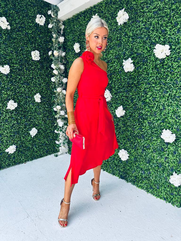 Whitney Red One Shoulder Corsage Midi Dress
