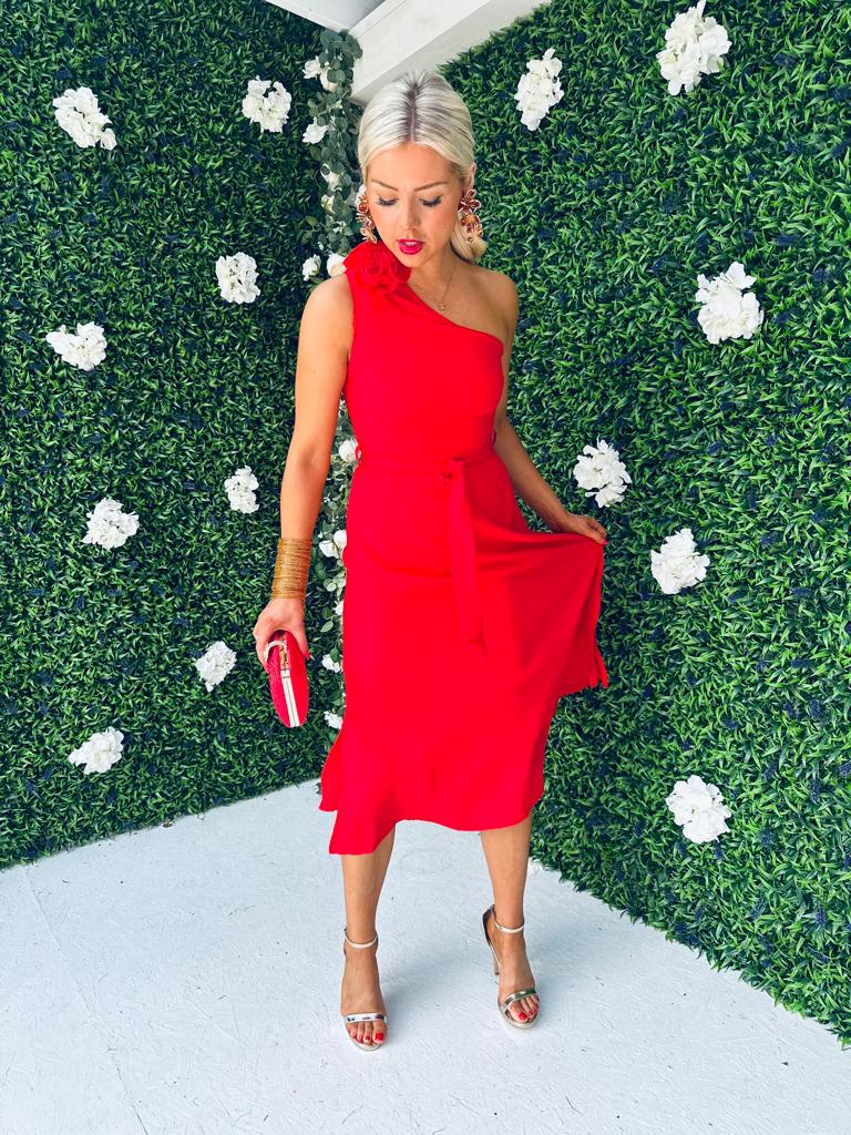 Whitney Red One Shoulder Corsage Midi Dress