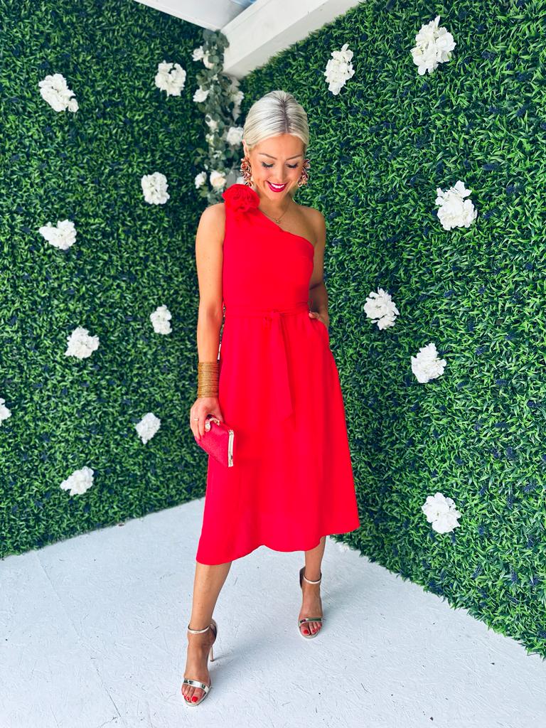 Whitney Red One Shoulder Corsage Midi Dress