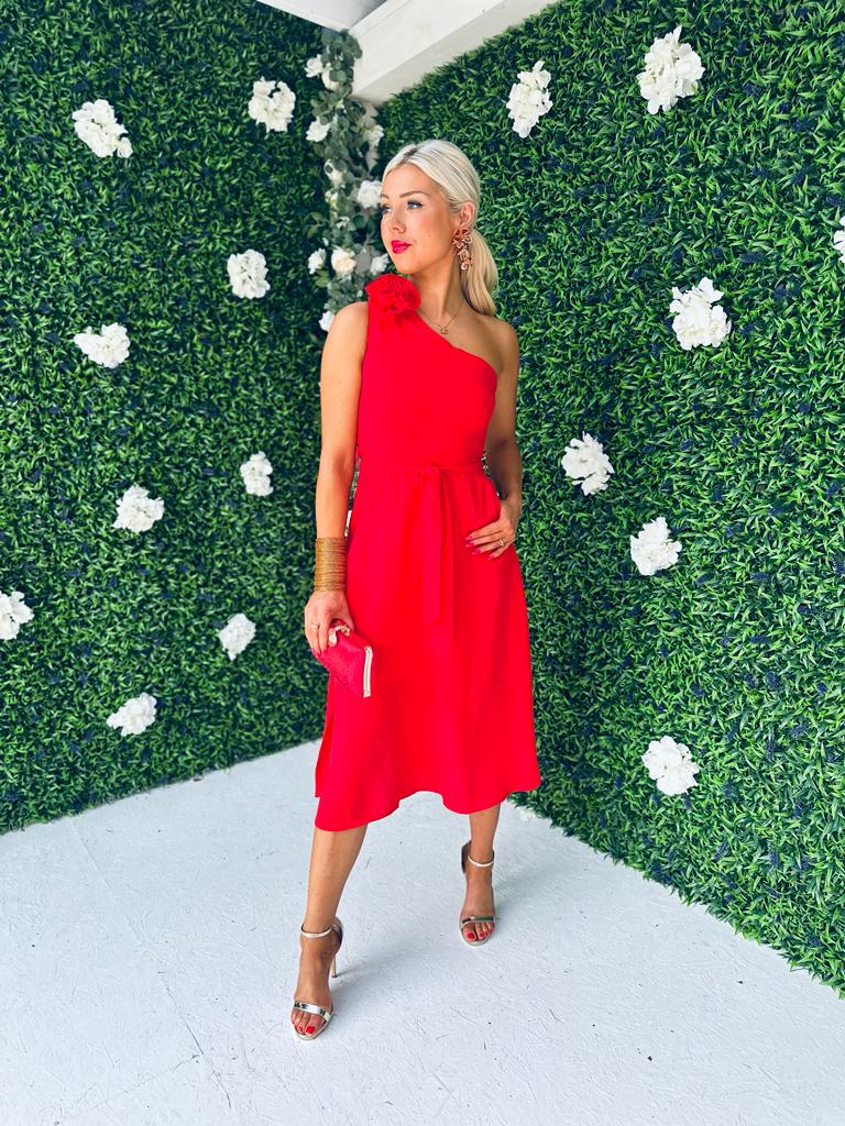 Whitney Red One Shoulder Corsage Midi Dress