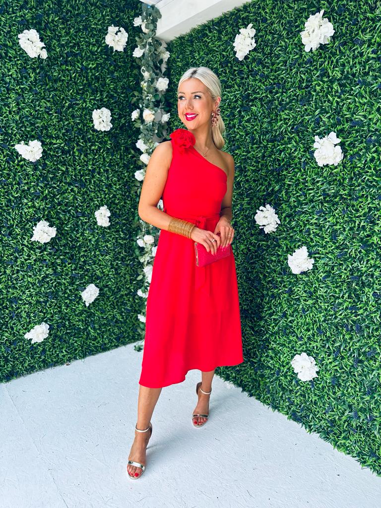 Whitney Red One Shoulder Corsage Midi Dress