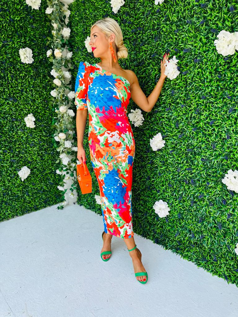 Heidi One Shoulder Midi Dress Orange