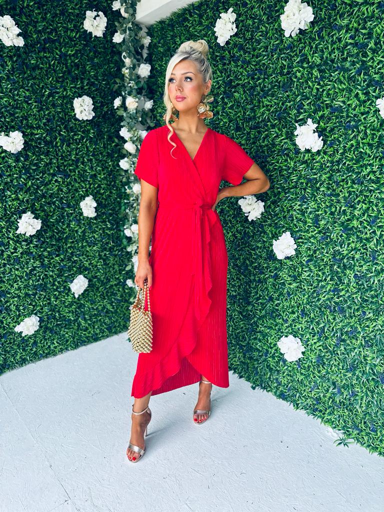 Farrah Plisse Hem Detail Dress Red