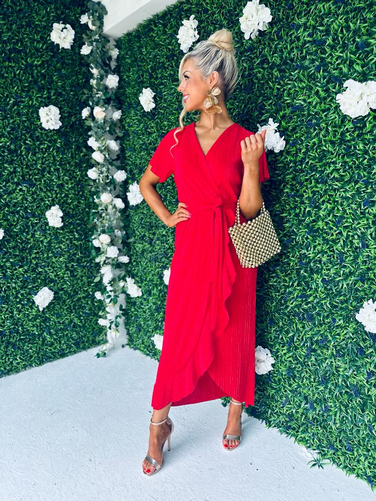 Farrah Plisse Hem Detail Dress Red