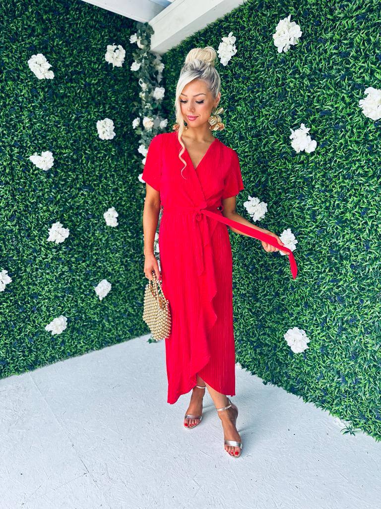 Farrah Plisse Hem Detail Dress Red