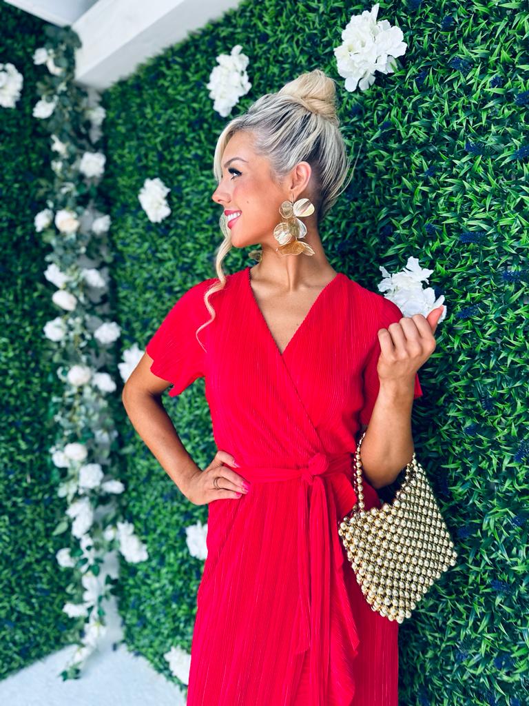 Farrah Plisse Hem Detail Dress Red