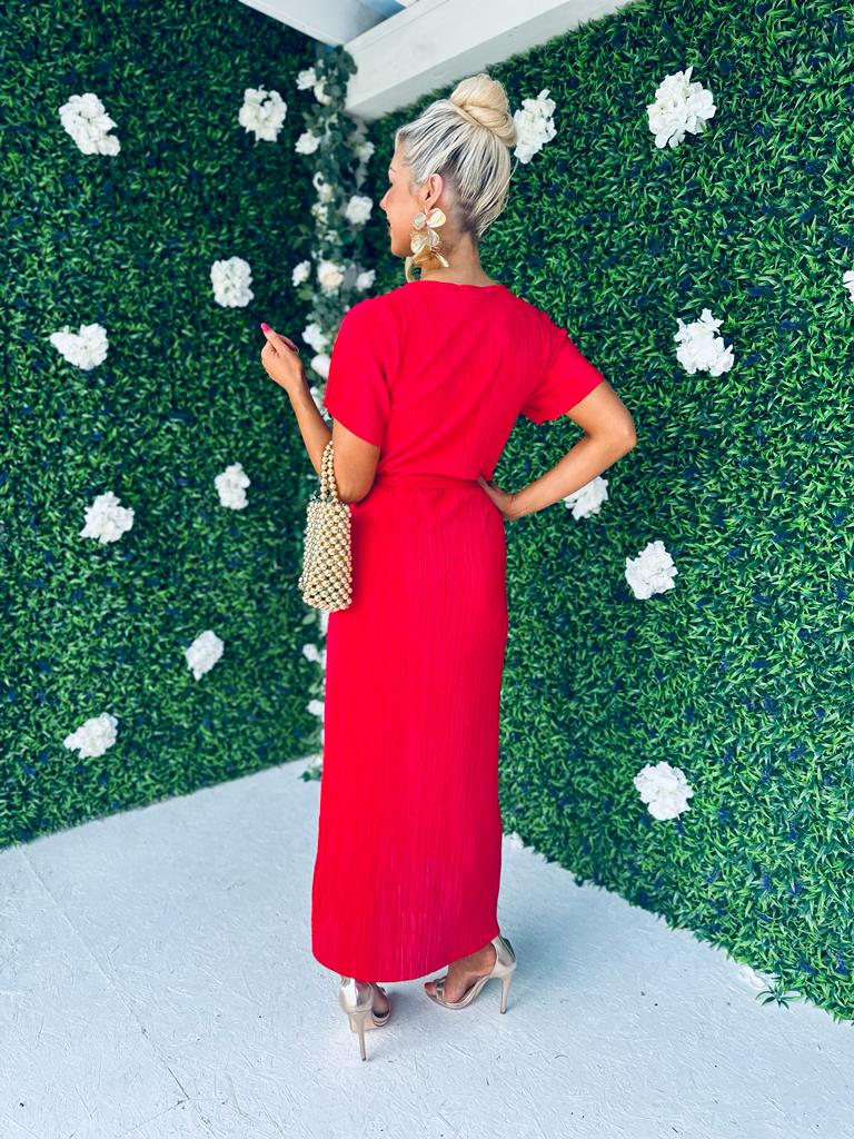 Farrah Plisse Hem Detail Dress Red
