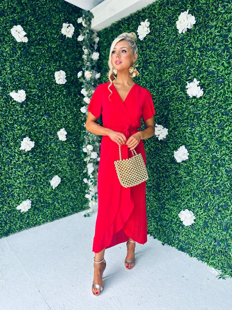 Farrah Plisse Hem Detail Dress Red