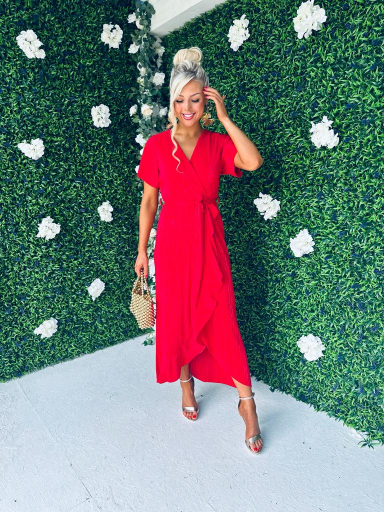 Farrah Plisse Hem Detail Dress Red