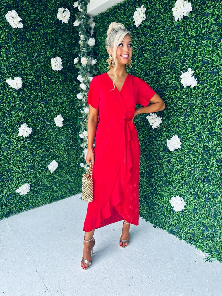 Farrah Plisse Hem Detail Dress Red