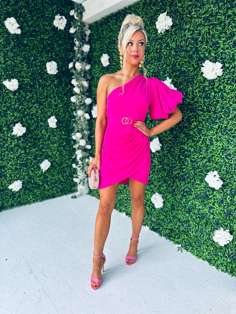 Iris Shoulder Puff Sleeve Mini Dress Hot Pink