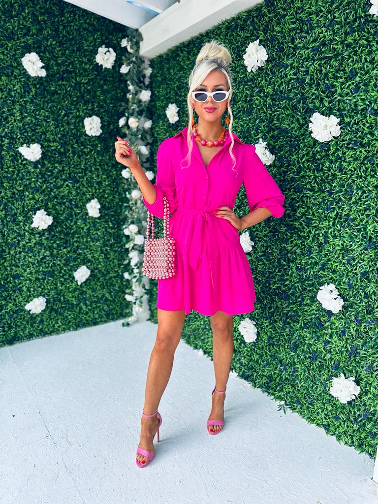 Nevaeh Frill Hem Shirt Dress Hot Pink