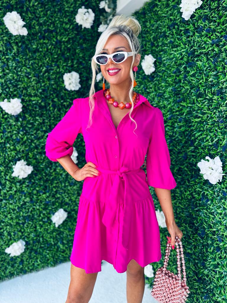 Nevaeh Frill Hem Shirt Dress Hot Pink