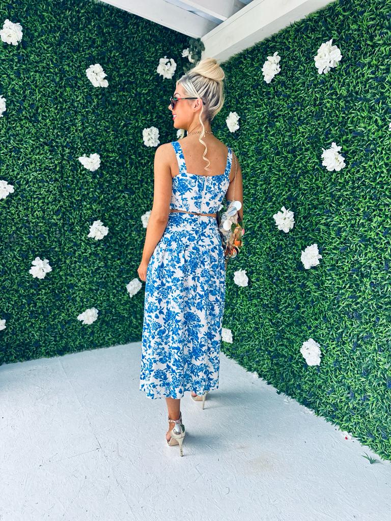 Billie White & Blue Floral Top & Skirt Set