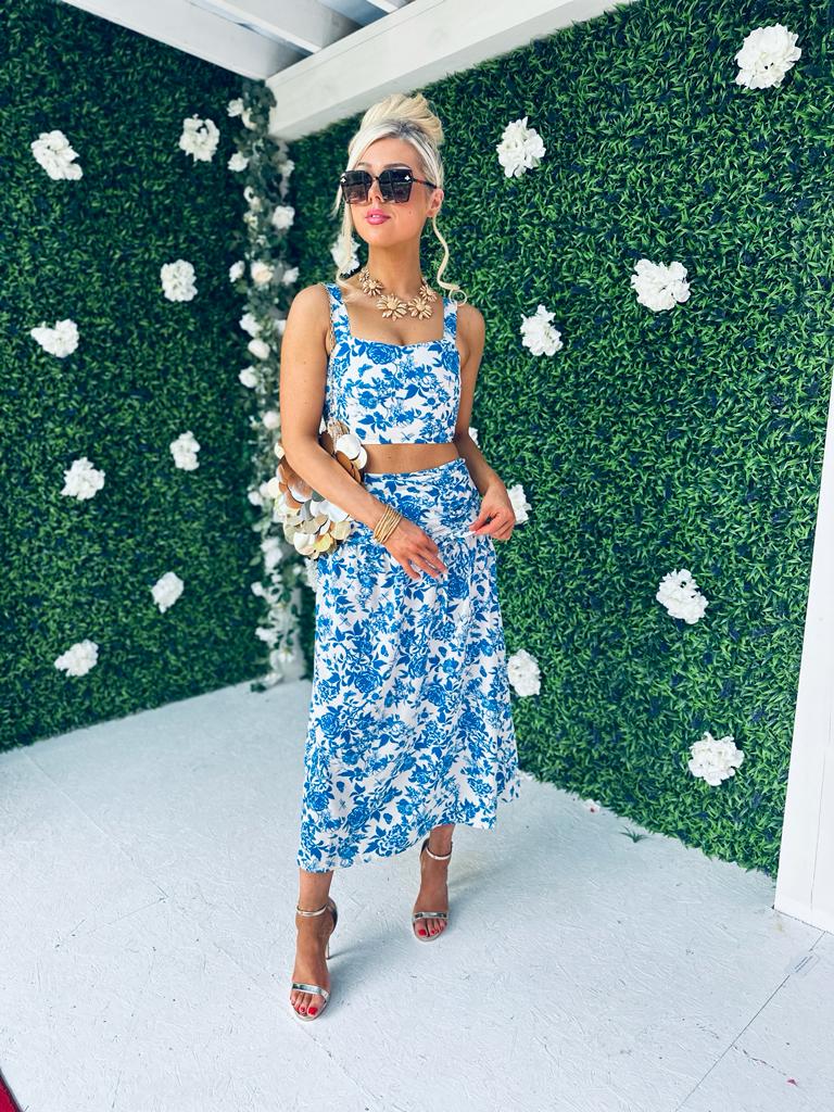 Billie White & Blue Floral Top & Skirt Set