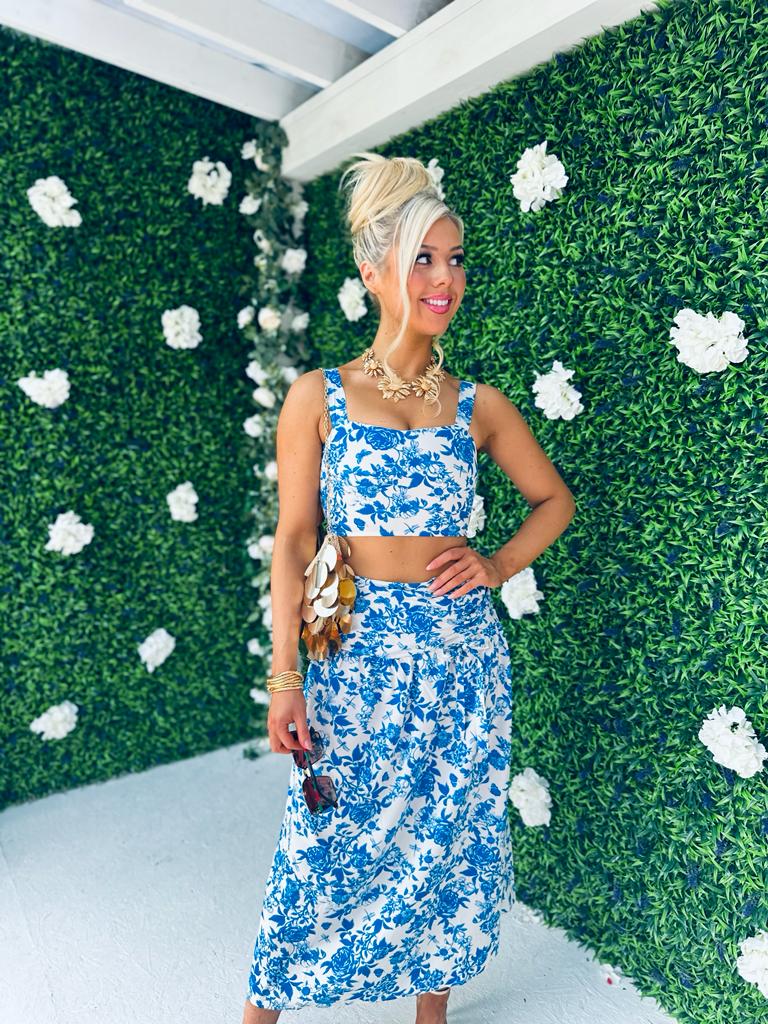 Billie White & Blue Floral Top & Skirt Set