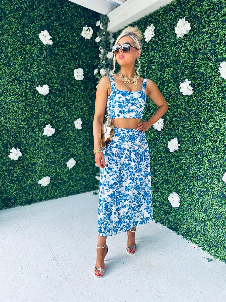 Billie White & Blue Floral Top & Skirt Set