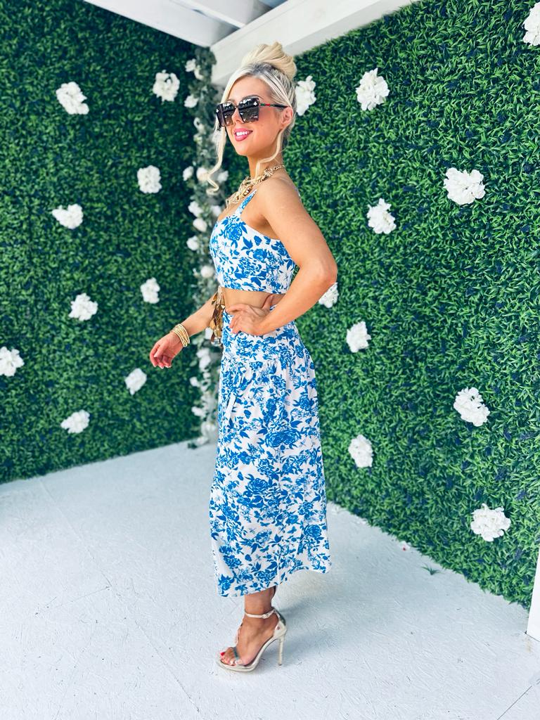 Billie White & Blue Floral Top & Skirt Set