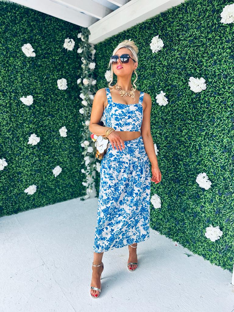 Billie White & Blue Floral Top & Skirt Set